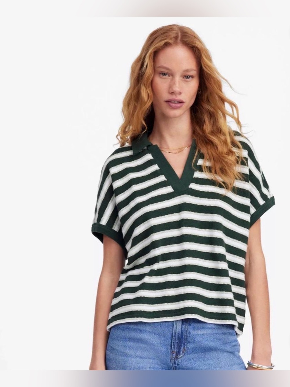 Madewell striped fall pumpkin patch casual preppy green white knit polo top L